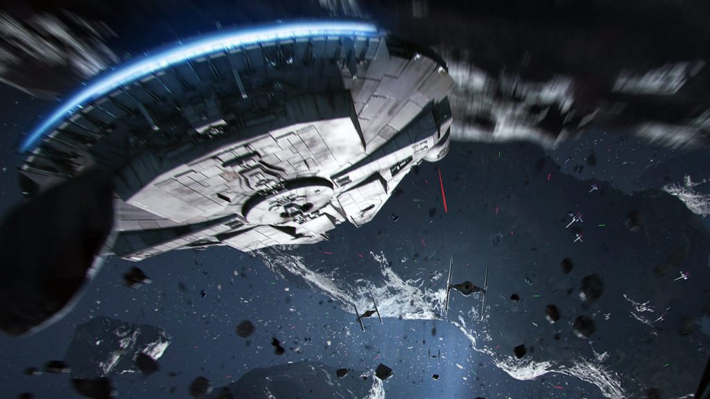 The Millennium Falcon navigating an asteroid field.