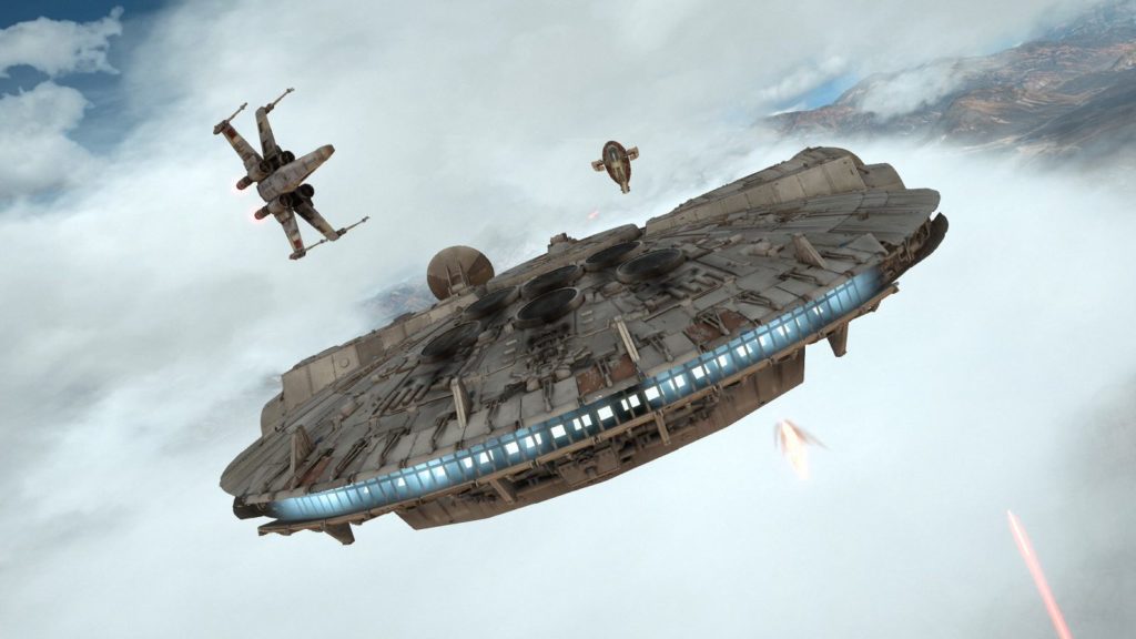 Millennium Falcon takes on the Slave 1. 