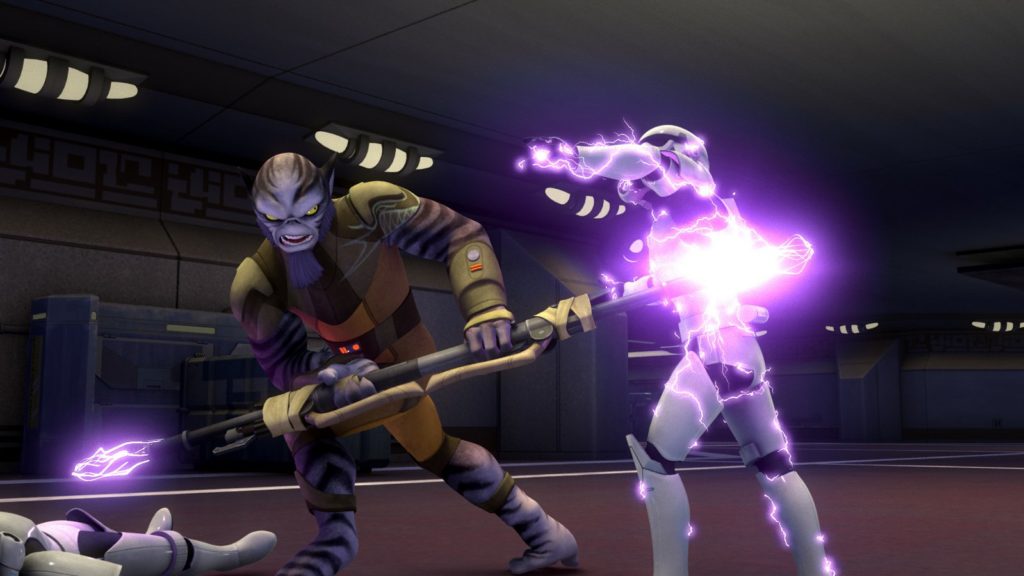Zeb attacks a stormtrooper with his bo-rifle in Star Wars Rebels.