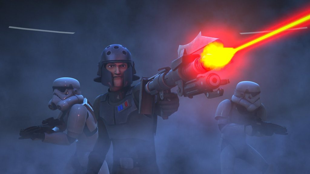 Agent Kallus shoots his bo-rifle in Star Wars Rebels.