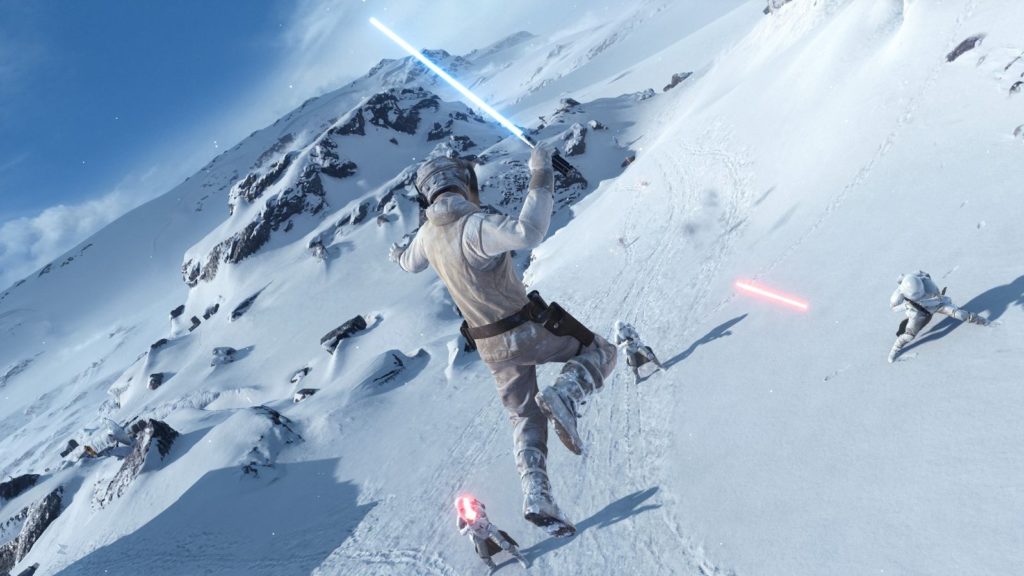 Luke attacking snowtroopers on Hoth in Battlefront.