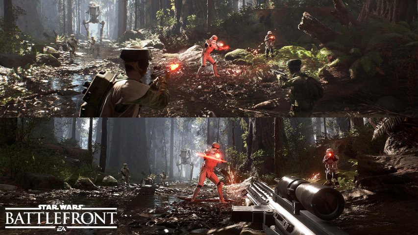 Promo image of split screen Battlefront.