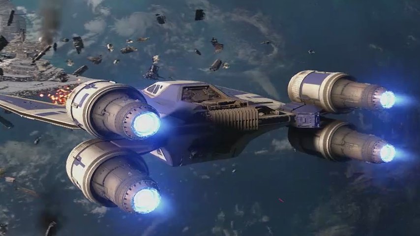 U-Wing entering a space battle above Scarif.