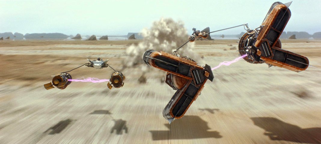 Rivals Anakin and Sebulba face off in a podrace.