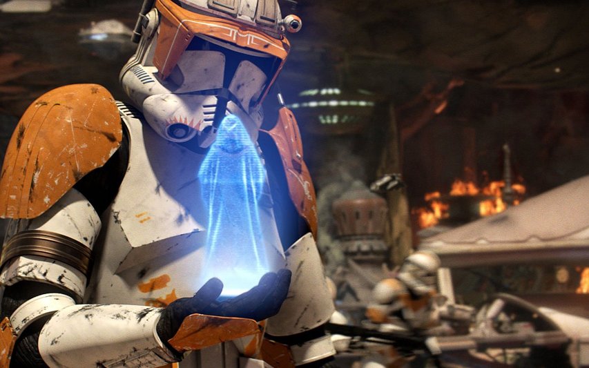Commander Cody watching Palpatine order the execution of Order 66.