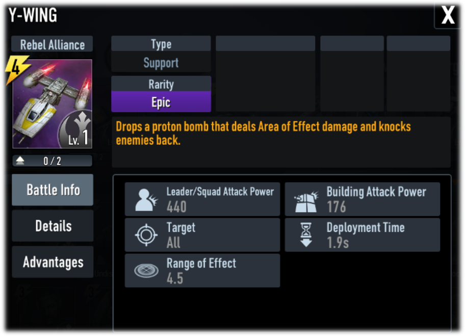 Y-Wing's stats in Force Arena.