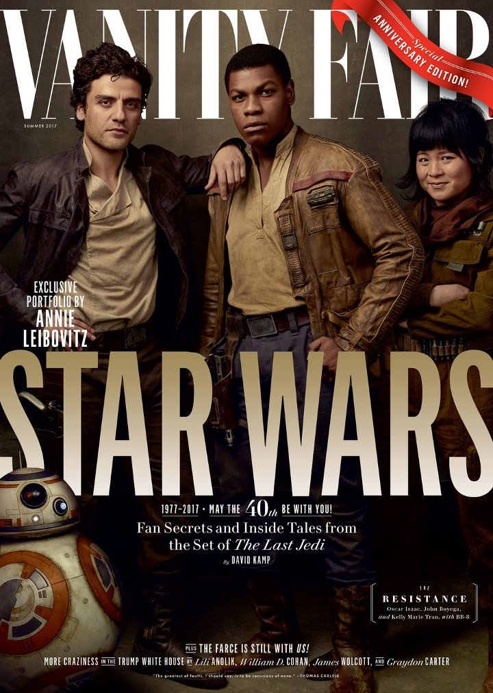 Poe Dameron, Finn and Rose in their Vanity Fair cover.